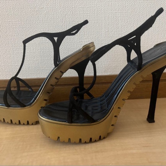 Yves Saint Laurent Strappy Black and Gold Heels - Picture 2 of 3